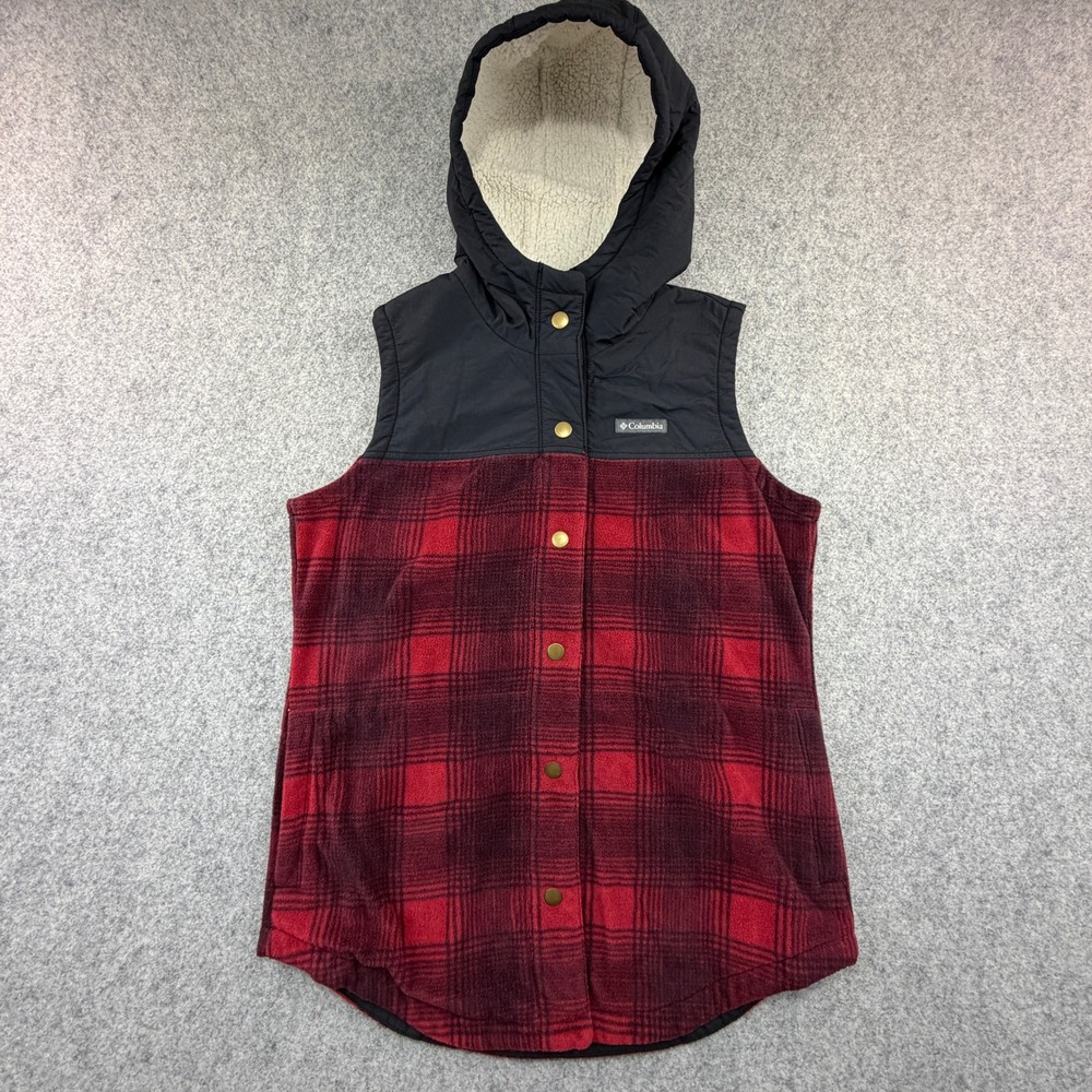Columbia Womens Red Black Plaid Hooded Fleece Vest Sherpa Lined AL1123 Large